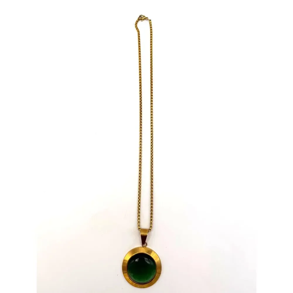 Gold Tone Stainless Steel Necklace W/ Round Green Jade Cabochon Gemstone Pendant